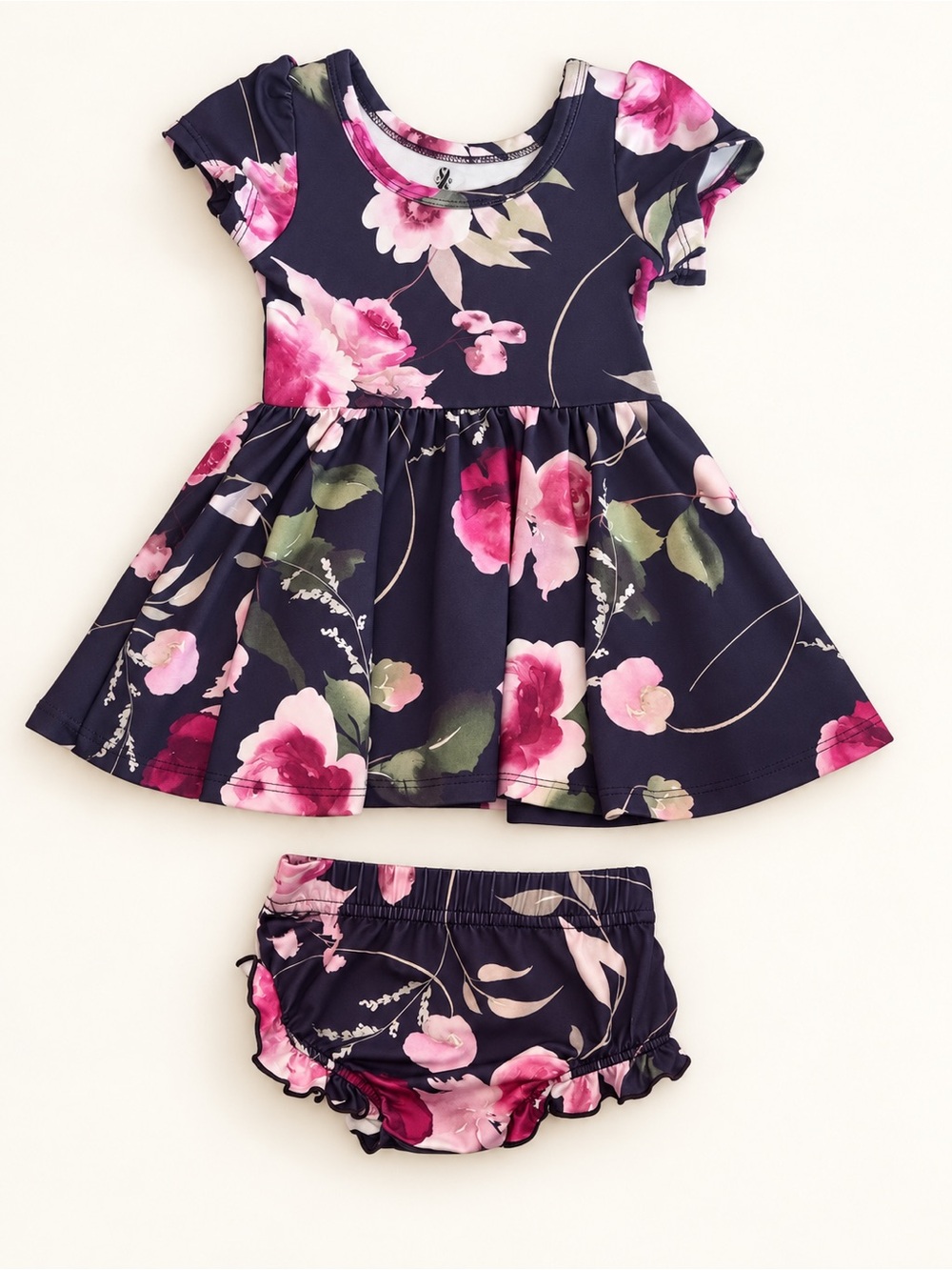 Navy Floral Girls Dress with Matching Bloomers